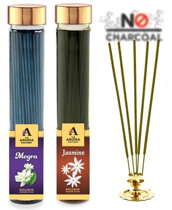 The Aroma Factory Organic Mogra & Jasmine Agarbatti for Pooja, Luxury Incense Sticks, No Charcoal,100% Herbal Fragrance Agarbathi (Bottle Pack of 2x100g)