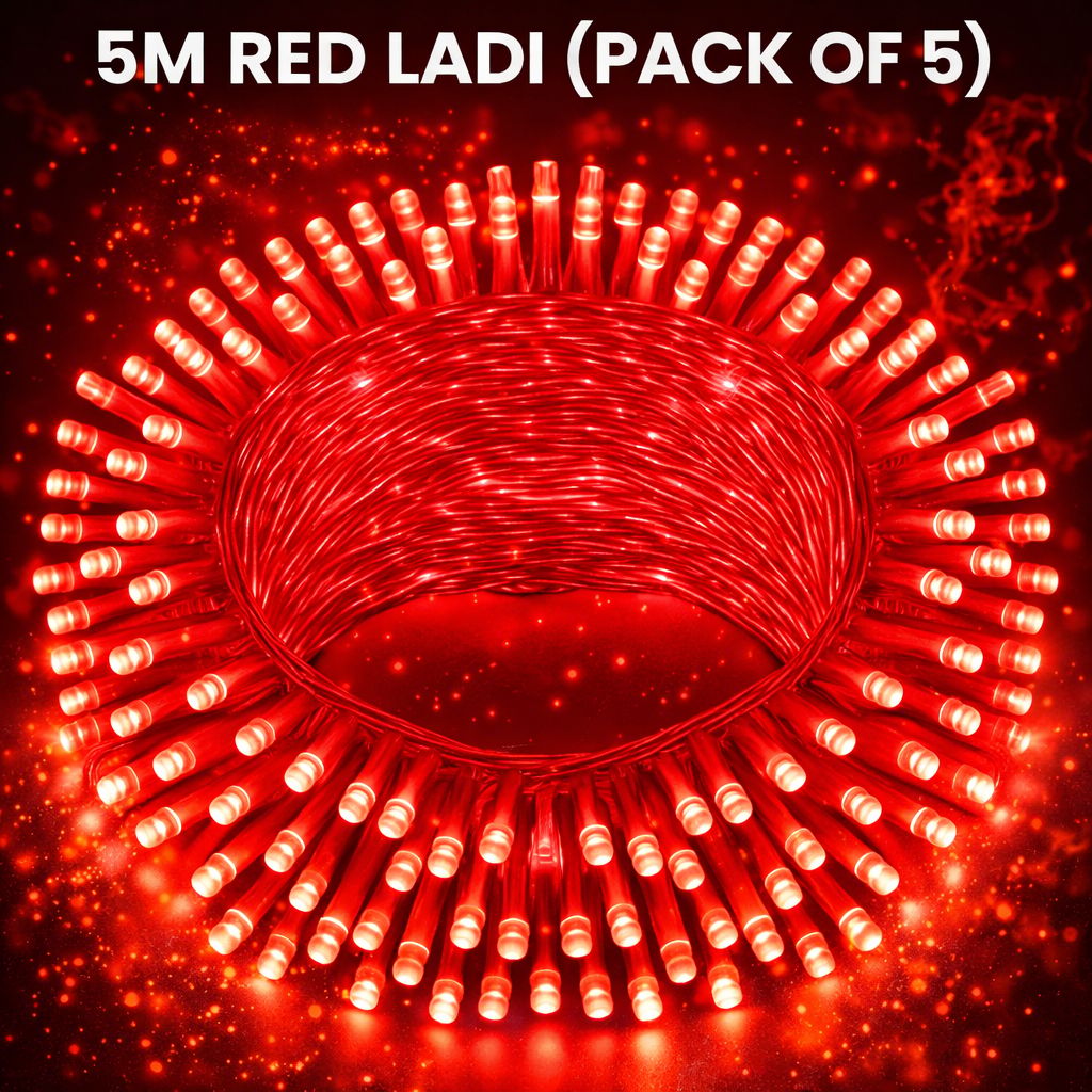 SPARKWORLD 5 Meter Red LED Ladi String Light Pack of 5 | Decorative Diwali Fairy Lights for Home, Outdoor, Wedding, Party & Festival Use