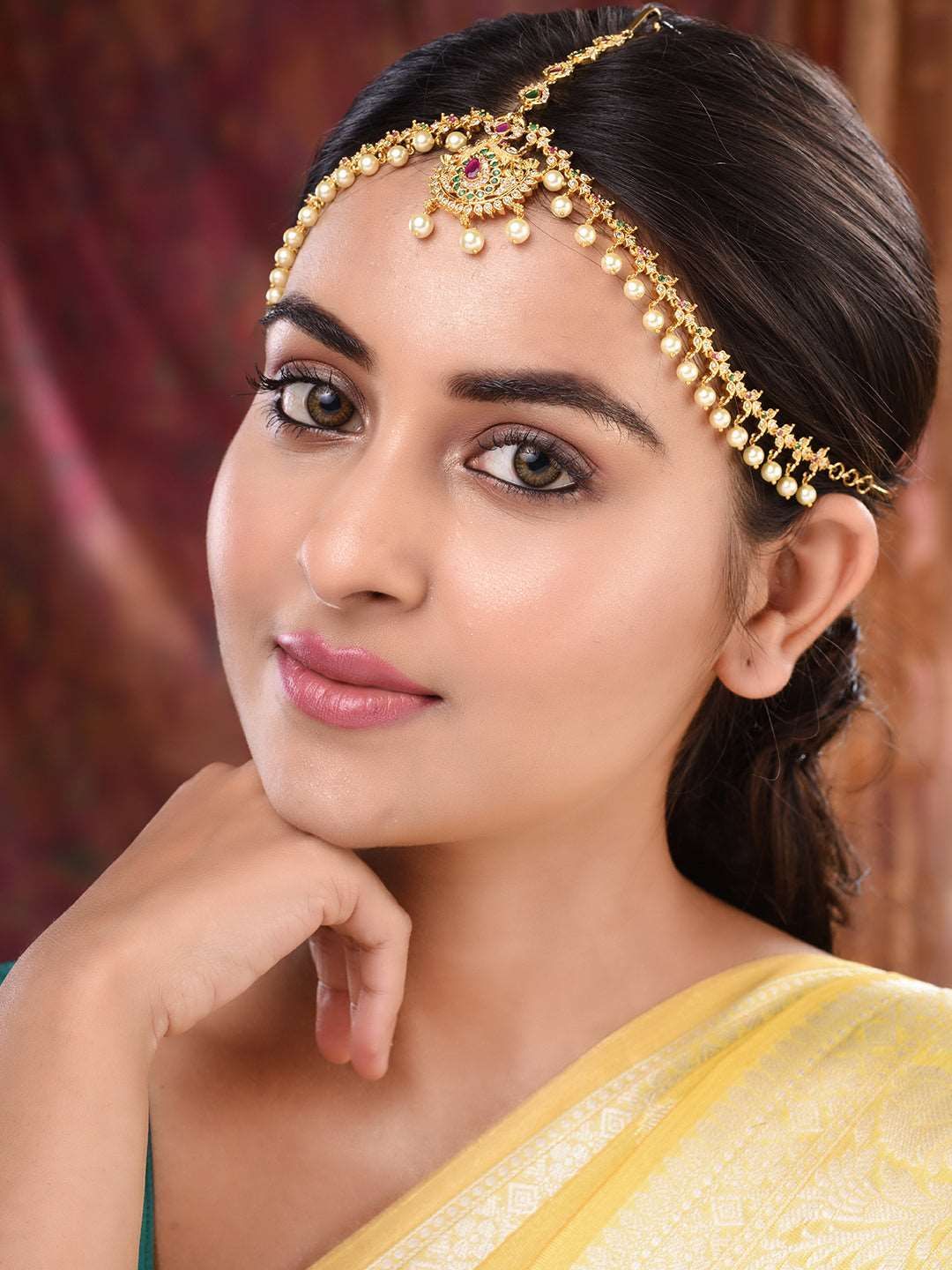 Gold Plated AD Studded Pearl Beaded Bridal Matha Patti Maangtika