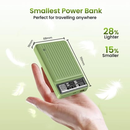 Portronics Luxcell Mini 10K Advanced 10000mAh Nano Power Bank with 22.5W Fast Charging | USB-A & Type-C PD Dual Output | LED Battery Indicator | Type-C Input | Wake-Up Button | Compact Portable Charger (Green/Yellow)