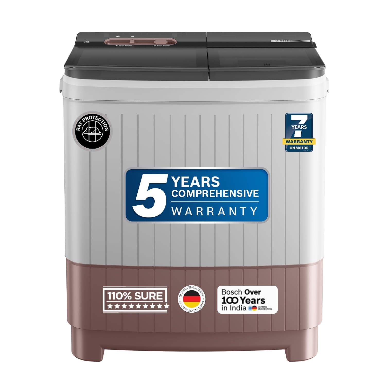 Bosch 9 kg 5 Star Semi-Automatic Top Loading Washing Machine (2025 Model, WJP904C0IN, 3 Wash Programs, Anti-Rust Body, 1300 RPM Spin Speed, Wine, 2 Years Comprehensive Warranty) Bosch 9 kg 5 Star Semi-Automatic Top Loading Washing Machine (2025 Model, WJ