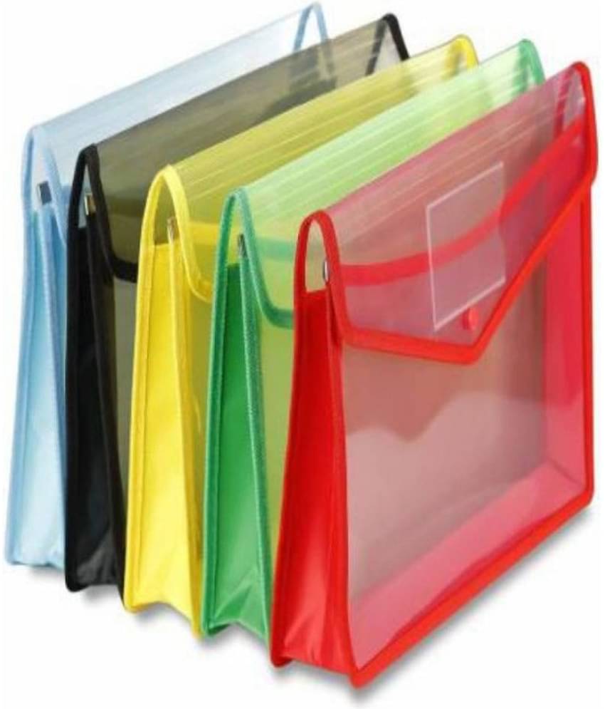 FSN-Plastic Envelope Folder,Transparent Poly-Plastic A4 Documents File Storage Bag With Snap Button (Pack of 5)