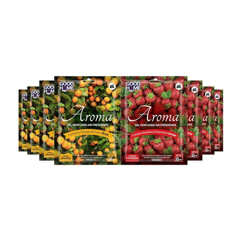 Good Home Aroma Gel Air Freshener, 4+4 Pack, Tangy Orange and Luscious Strawberry, Contains Orange Oil from Brazil and Strawberry Extract from Germany, Nature Inspired Fragrance in Gel Format, Packed in Multi Layer Package with CFR Tech, Up to 30 Days