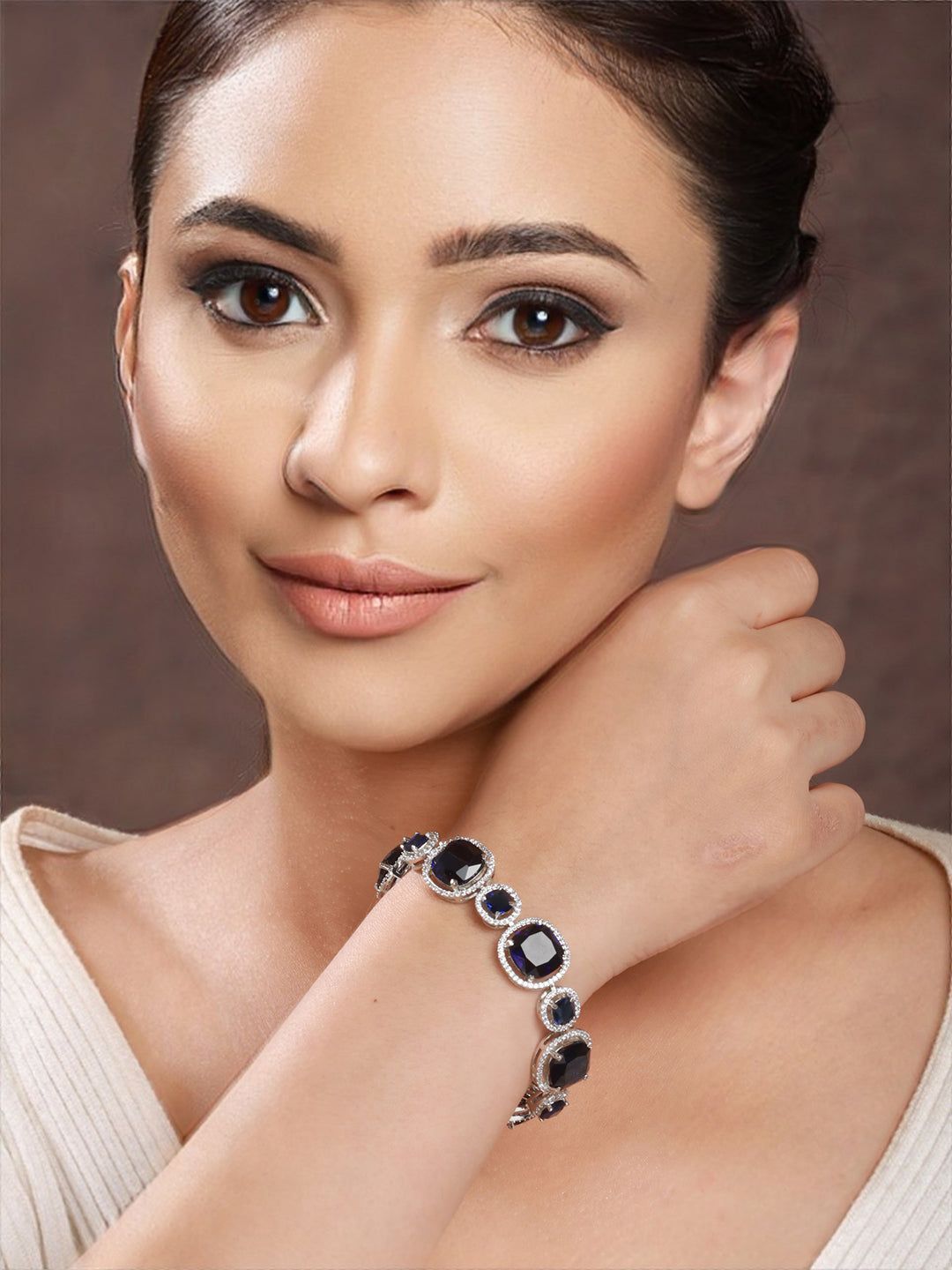White Rhodium Plated Blue wraparound Tennis Statement Bracelet