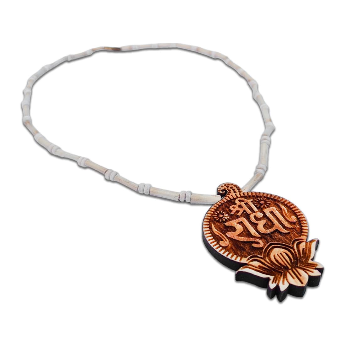 MAYAPURI Shree Radha Tulsi Mala or Holy Basil Necklace with Engraved Design Wooden Pendant Locket, (Pack of 1)