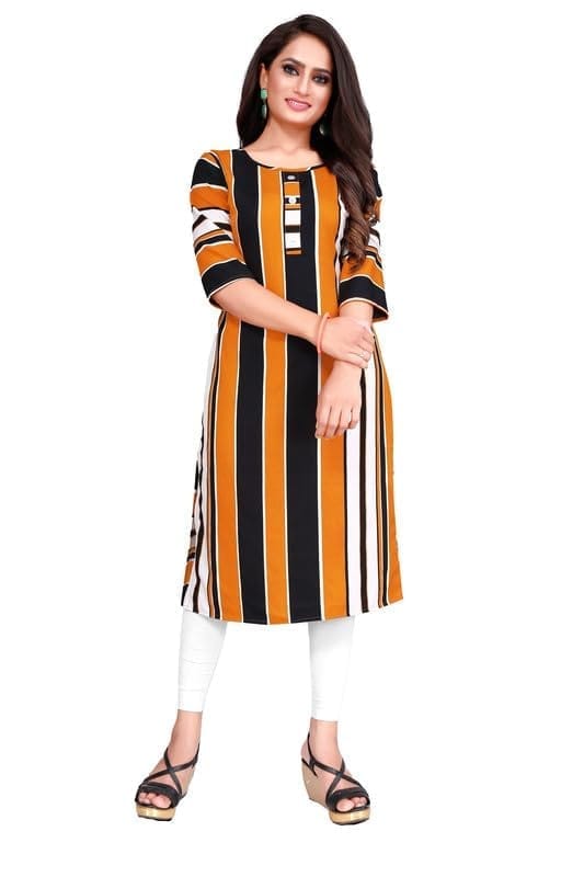 Women's Casual 3/4th Sleeve Printed Crepe Kurti (Yellow, M)-PID46133