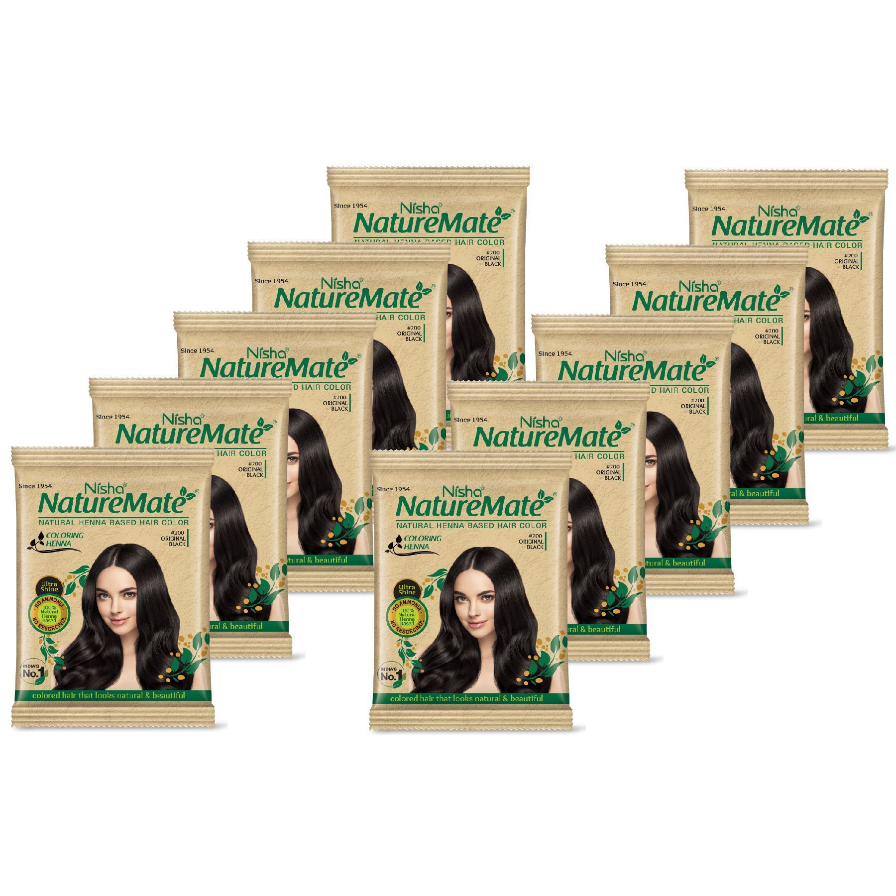 Nisha Nature Mate Henna Based Hair Colour Original Black 10gm Pack of 10, No Ammonia, No Resorcinol, 100% Grey Coverage