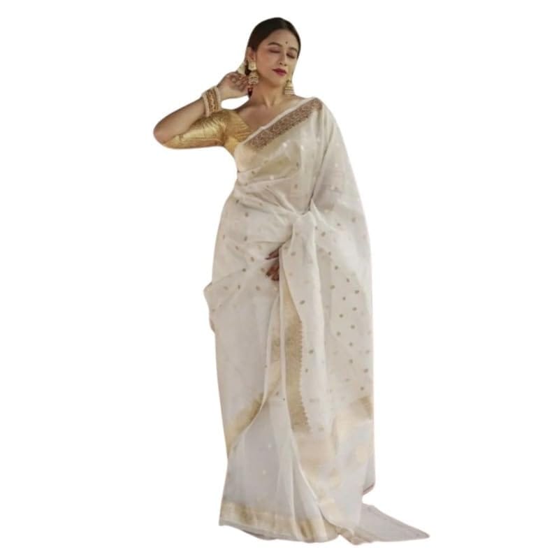 Women's Cotton Printed Saree With Unstitched Blouse 5.5Mtr (White)-PID60188