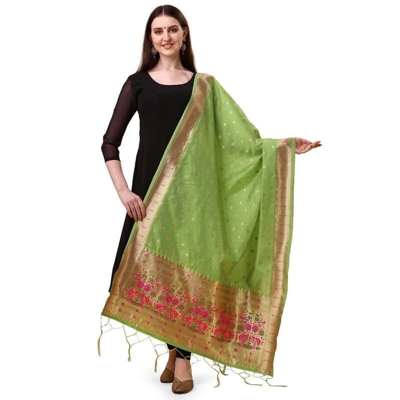 Women's Silk Pure Zari weaving Duppatta (Light Green, Leangth: 2-2.3 Mtrs)-PID44924