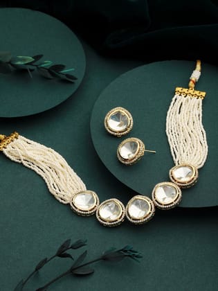 Victorian Dual Tone Uncut Polki Pearl Beaded Choker jewellery Set