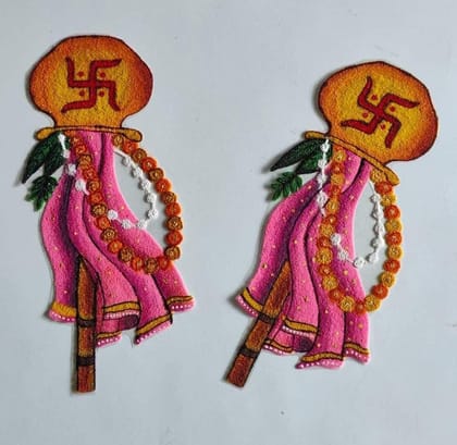 Madhura’s Creations Kalash Swastik Rangoli Patch | Pack of 2 | Auspicious Traditional Design | Real Rangoli Colours | On Plastic Sheet | Reusable Pooja Decor