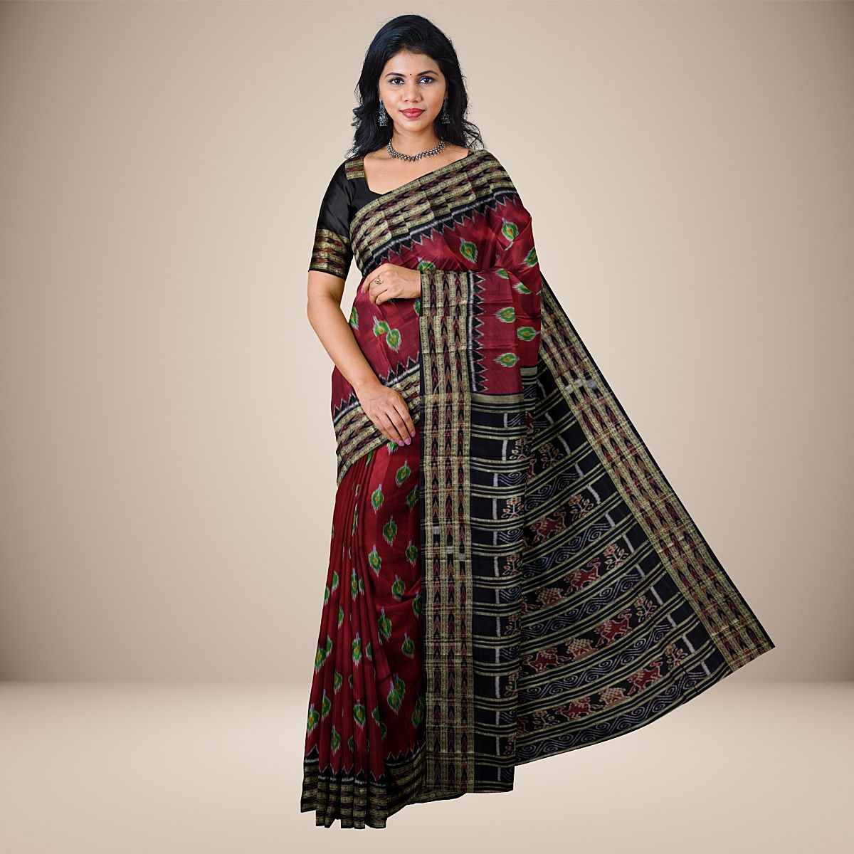 Red Khandua Silk Saree with Bandha Anchal