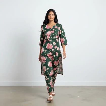 Teal Green Floral Screen-Print Cotton Kurti and Trouser Set Teal Green Floral Screen-Print Cotton Kurti and Trouser Set