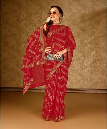 Women's Zomto Zig Zag Saree with Unstitched Blouse (Red, 5-6 Mtrs)