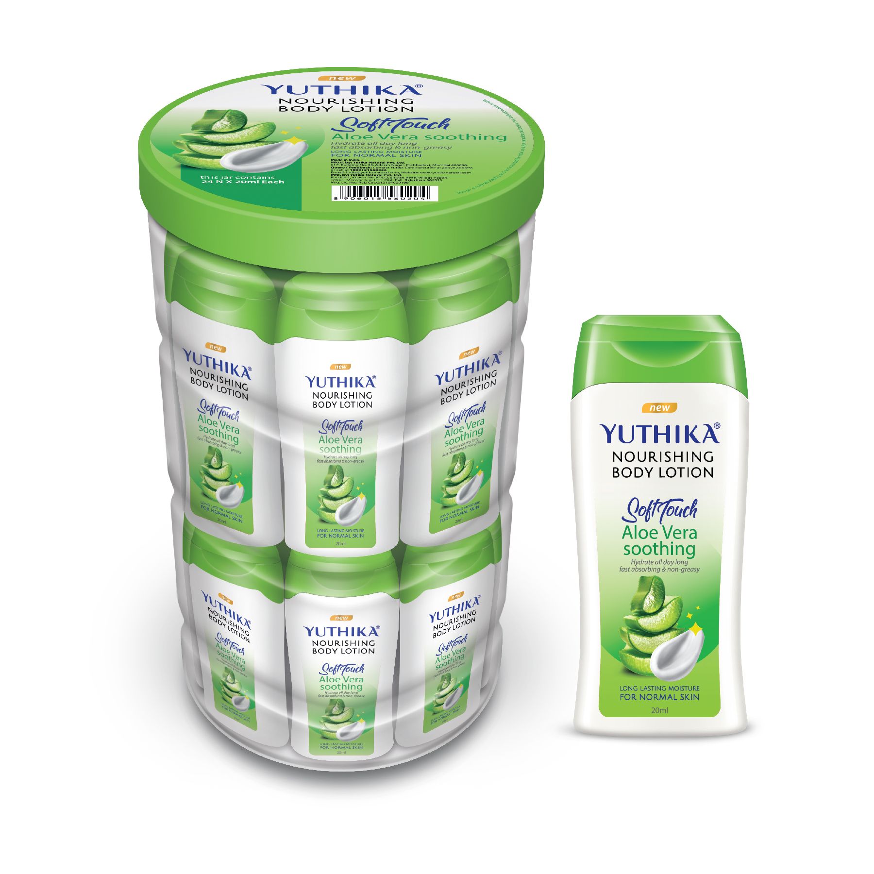 Yuthika Aloe Vera Body Lotion 480ml (20mlx24), Long Lasting Nourishing Body Lotion, Instant Hydration, Fast Absorbing Bodylotion