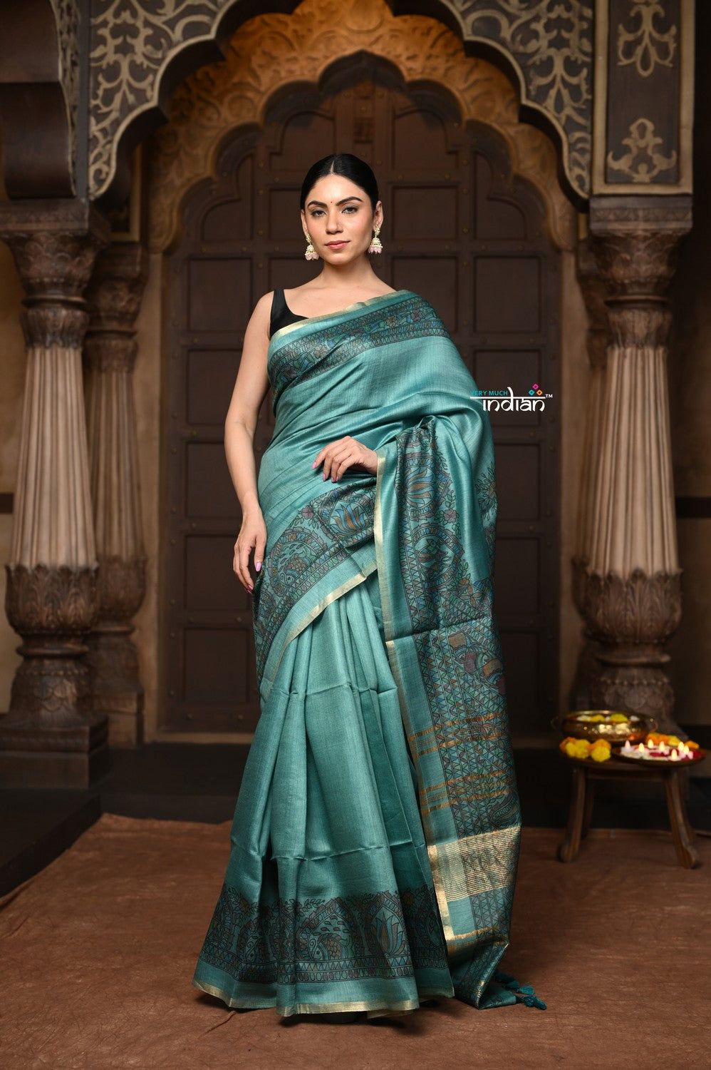 Parampara ~ Pure Tussar Silk Saree in Serene Sea Blue with Exquisite Madhubani HandPainted Saree