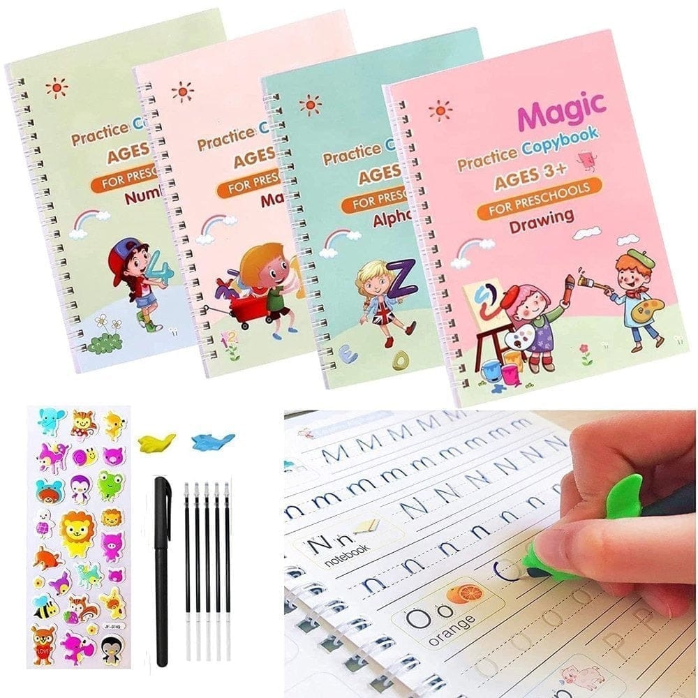Sank Magic Practice Copybook, (4 BOOK + 10 REFILL+ 1 Pen +1 Grip) Number Tracing Book for Preschoolers with Pen, Magic Calligraphy Copybook Set Practical Reusable Writing Tool Simple Hand Lettering