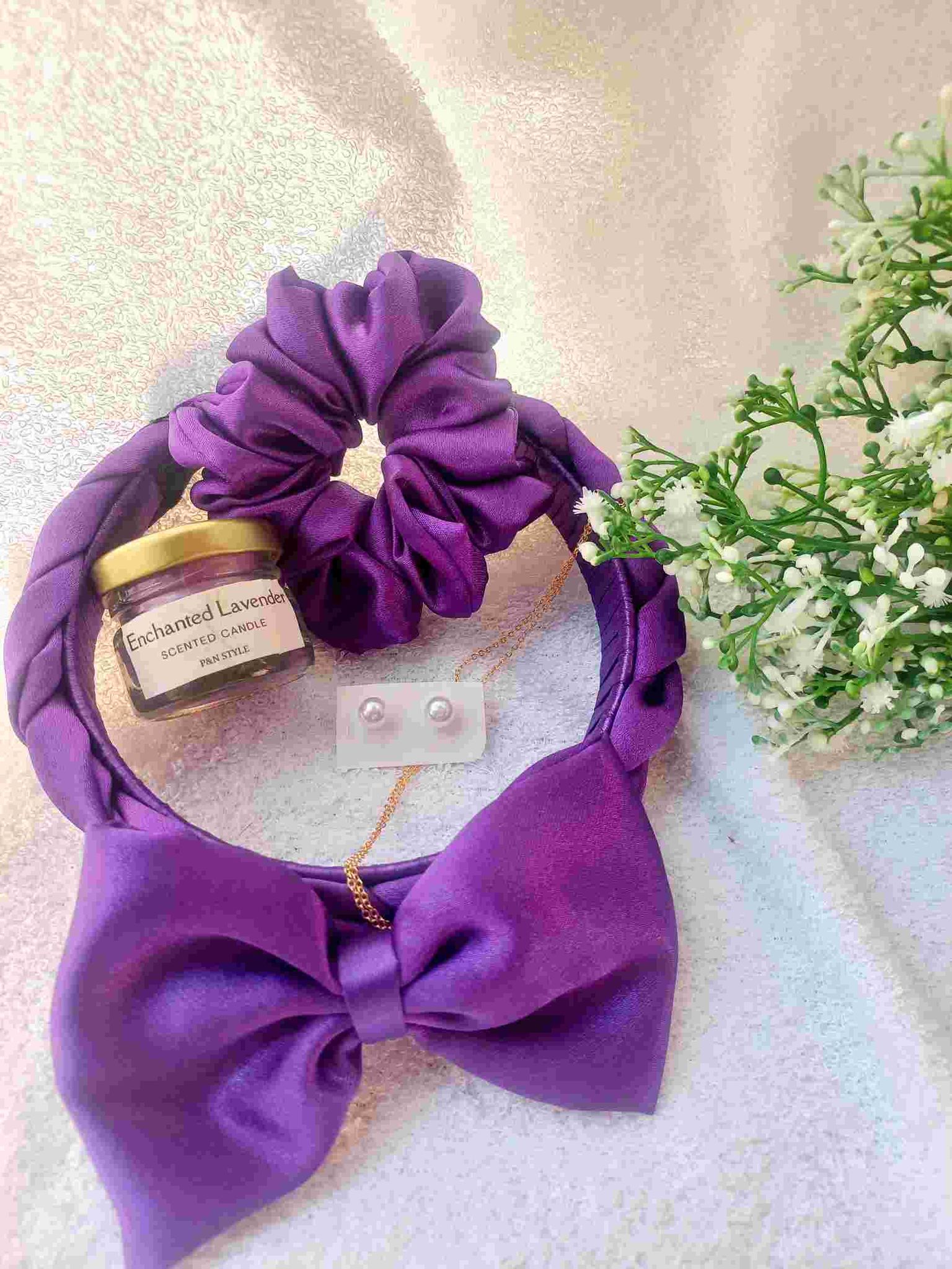 Hair Accessories Gift Combo for Girl, Women (6 Pcs Set), Best Gift for Birthday, anniversary gift, Gift Combo, Gift Hamper Braided headband, Scrunchie , Bow clip , Small pearl Ear ring, Neck chain, Small jar candle( Sandlewood 30g)