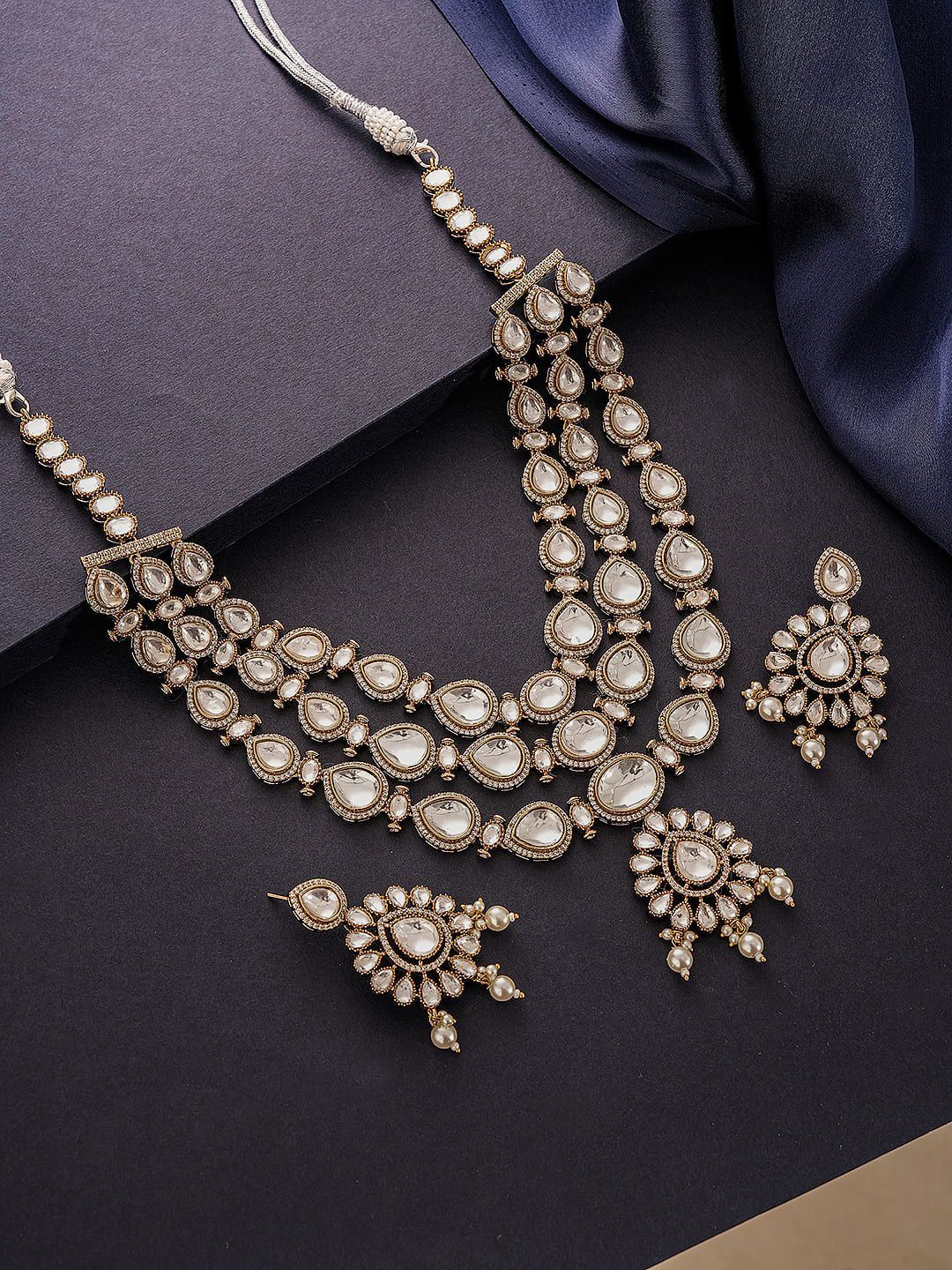 Gold Antique Uncut Polki Kundan Layered Statement Bridal Jewellery Set