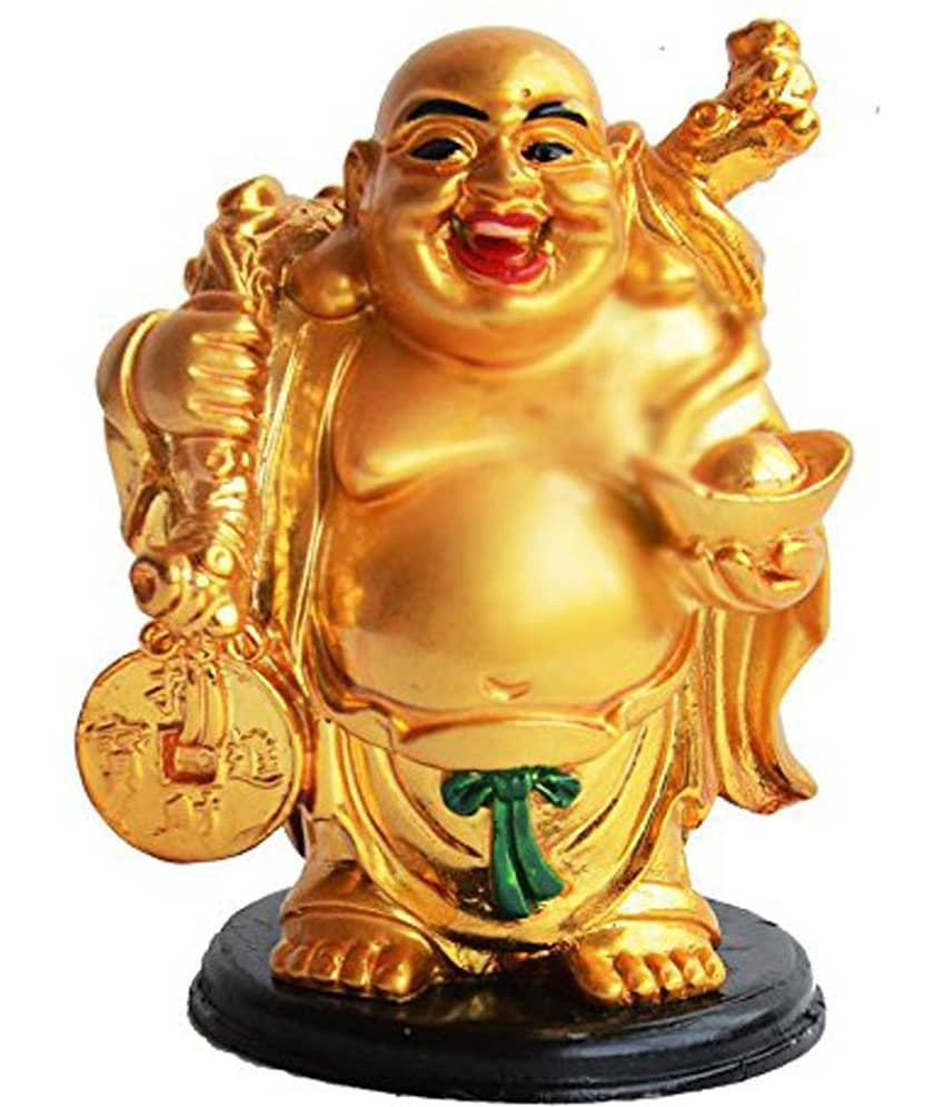 PrettyKrafts Polyresin Laughing Buddha A Huge Gold Ingot Showpiece Statue for Good Luck Prosperity Health Wealth Happiness Success Home Decor (9.5 cm X 6.5 cm)