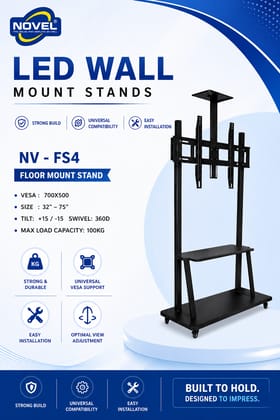NOVEL NV-FS4 Heavy Duty Mobile TV Floor Stand | Universal VESA Mount | For 32–75 Inch LED & Smart TVs