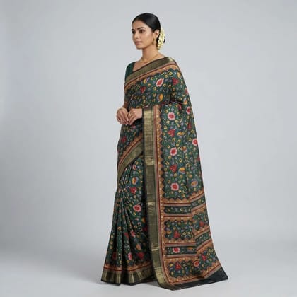 Green Cotton Floral Embroidered Saree For Women