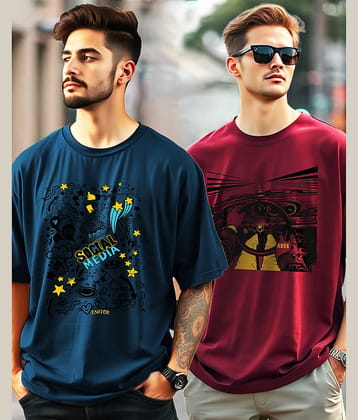 AUSK Men Cotton Blend Oversized Fit Printed T-Shirt ( Teal Blue )