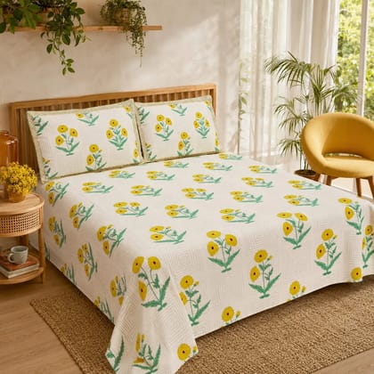 Sunehri Marigold Cotton Bedsheet 100% Cotton King-Size with 2 Pillow Covers Sunehri Marigold Cotton Bedsheet 100% Cotton King-Size with 2 Pillow Covers