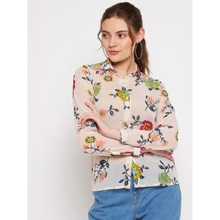 Purys Women White Georgette Printed Casual Shirt