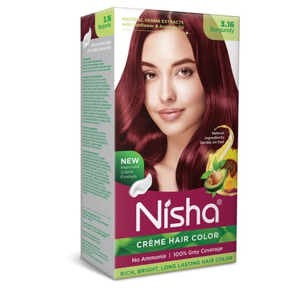 Nisha Creme Hair Color 3.16 Burgundy 120g, Permanent Hair Color, Ammonia Free Hair Colour, 100% Grey Coverage