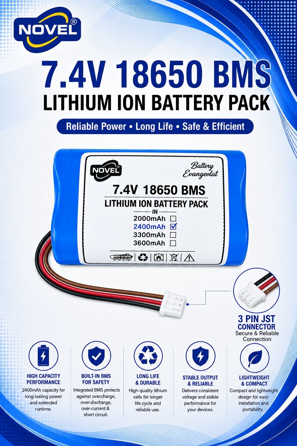 NOVEL 7.4V 18650 BMS LITHIUM ION DUAL BATTERY PACK WITH DC FEMALE- 2400mAh