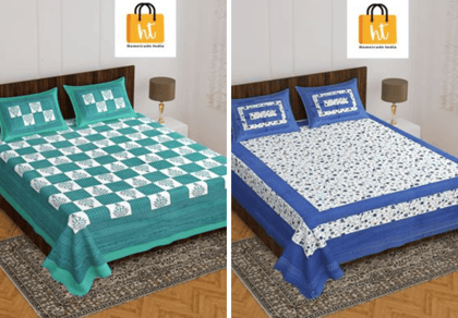 2201-Hometrade India- Standard Double Size (90*100 in )-Combo Jaipuri Double bedsheet With Matching Pillow Cover