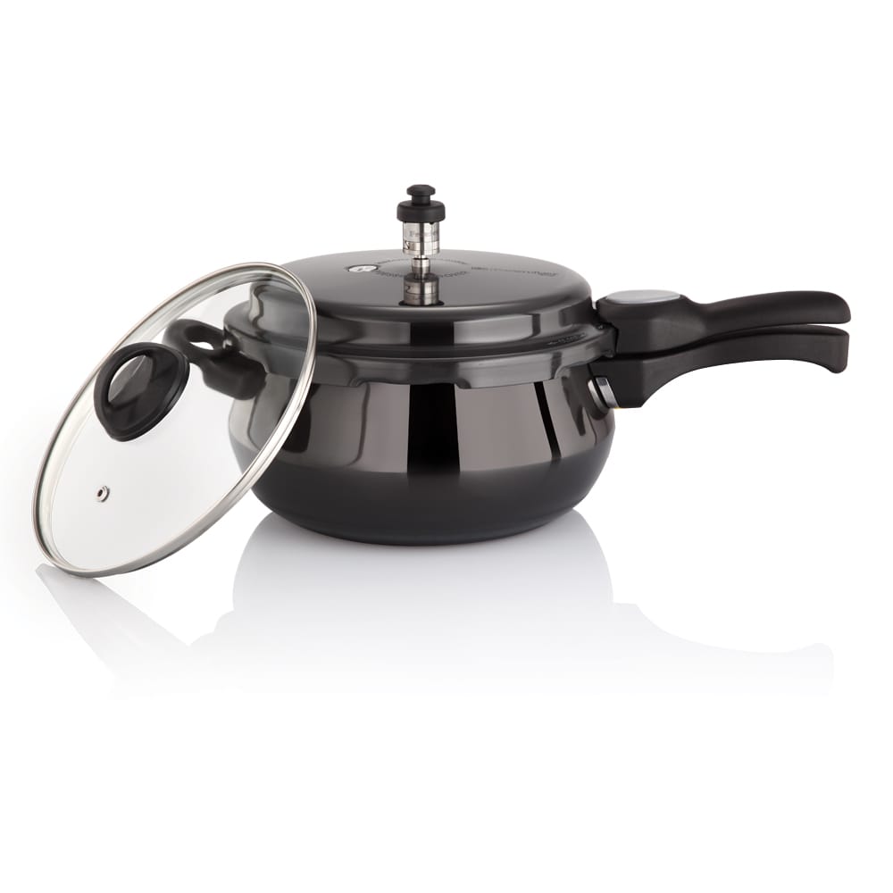 Premier Cucina Trendy Black Induction Bottom Handi Pressure Cooker With Glass Lid - 5.5 Ltr