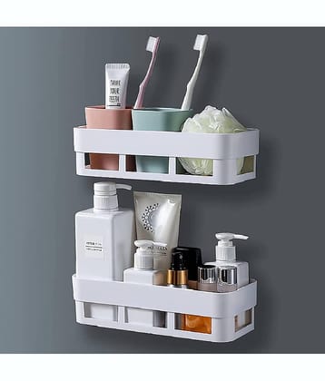 BLUE HOME AND KITCHEN Plastic Self Adhesive Wall Mounted Rectangular Bathroom Shelf Storage Organizer White (Pack Of 2)