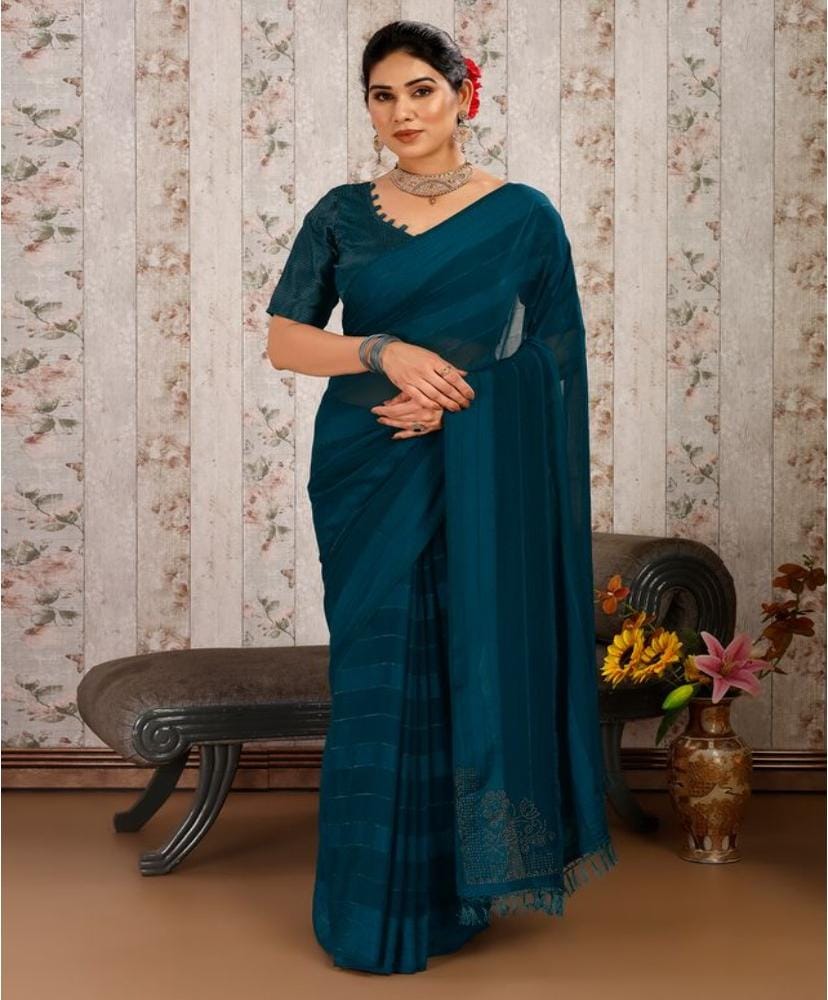 Women's Chiffon Fabric Line Saree with Unstitched Blouse (Blue, 5-6 Mtrs)
