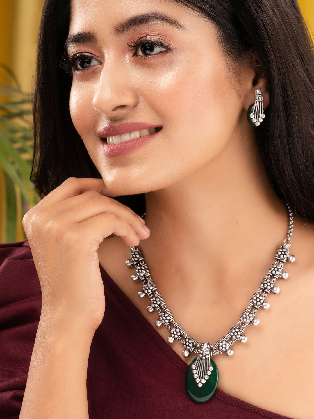 Oxidised Silver Plated Green stone studded Statement Necklace Jewellery Set