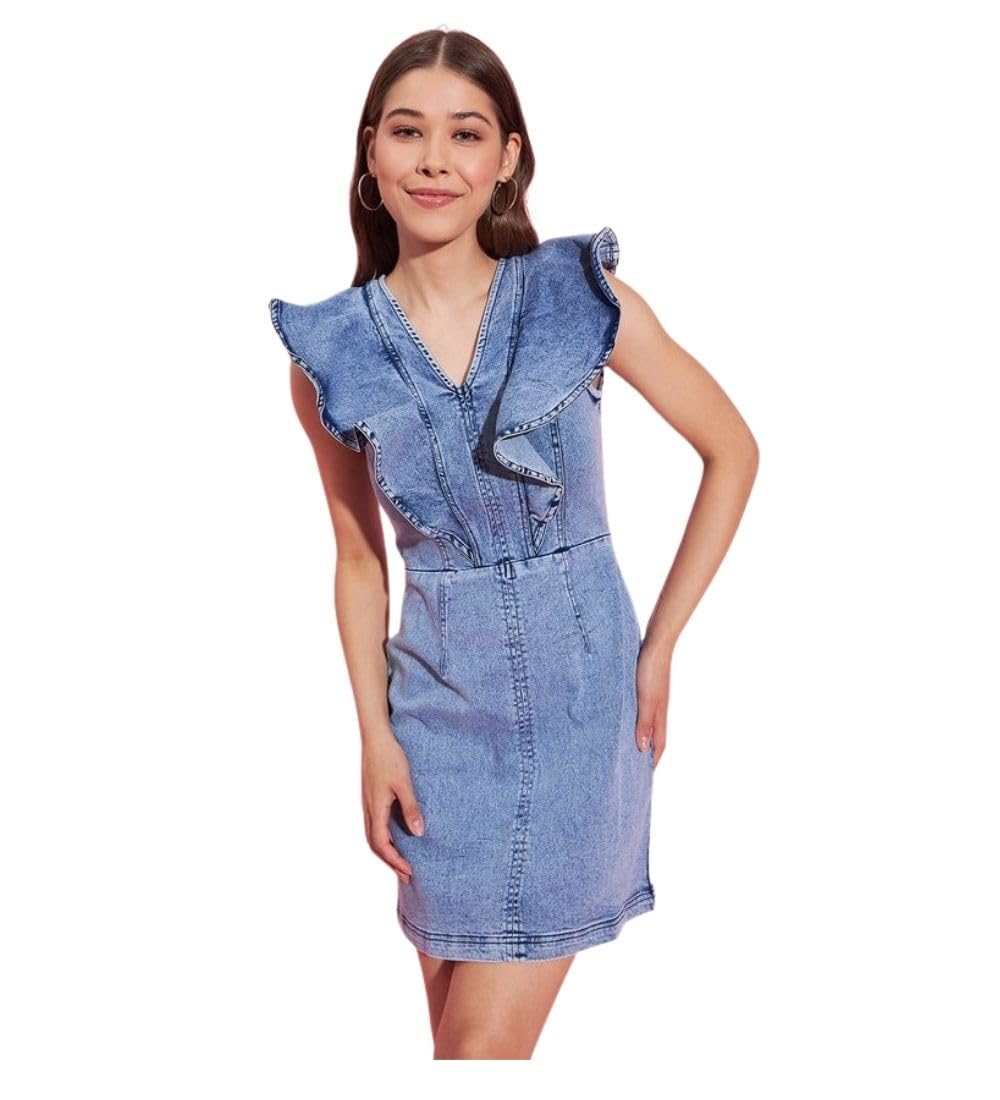 Women's Denim Solid Flutter Sleeve Dress (Blue, XL)-PID65376