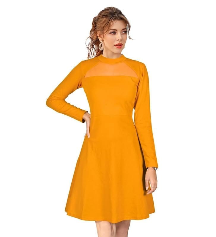 Women's Knitting Stretchable Solid Round Neck Full Sleeve Dresses (Yellow, XL)-PID56838