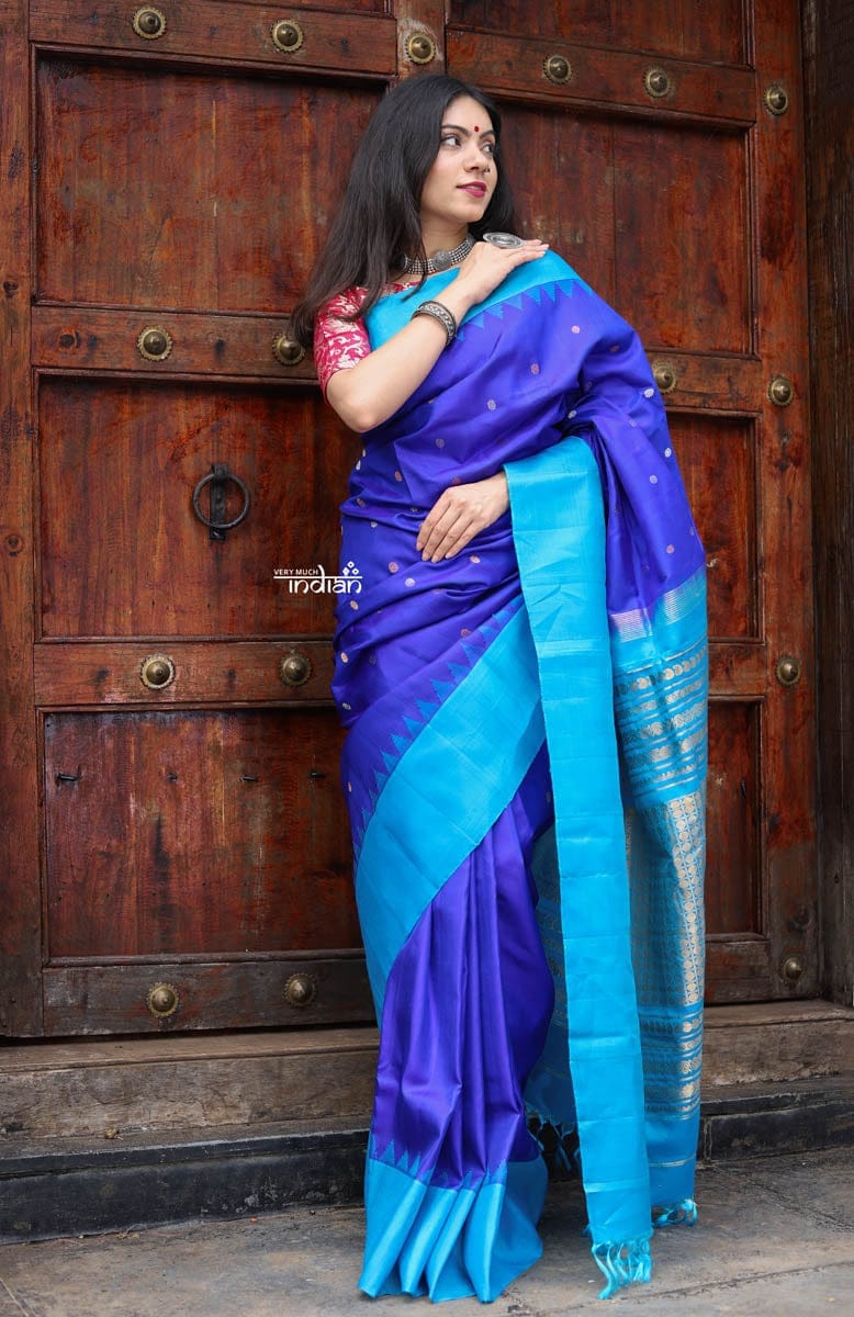 Utsaav ~ Gadwal Pure Silk Traditional Handloom Saree - Royal Blue with a Sky Blue Border, Authentic Pure Silk