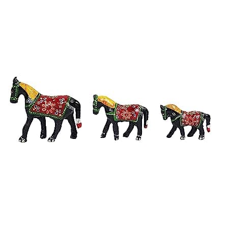 DreamKraft Decorative Paper Mache Horse Showpiece ( Set of 3,Black)