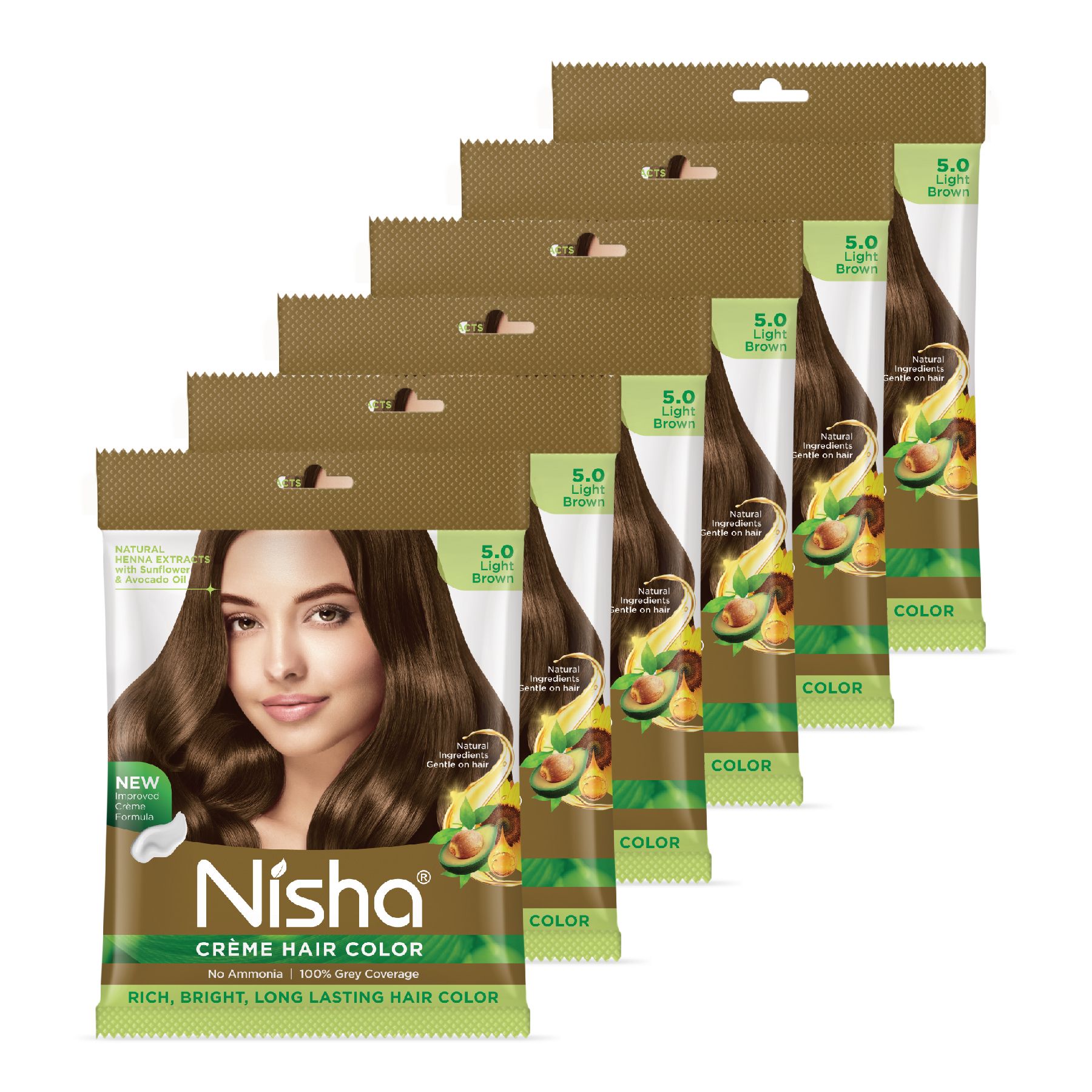 Nisha Creme Hair Color Light Brown 40g Pack of 6, Permanent Hair Color for Women Men, No Ammonia, 100% Grey Coverage