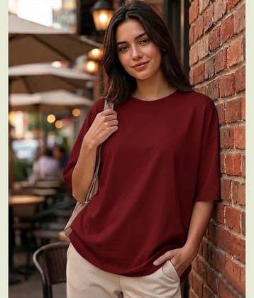 AUSK Women Cotton Blend Solid Oversized Fit Round Neck T-Shirt ( Maroon )