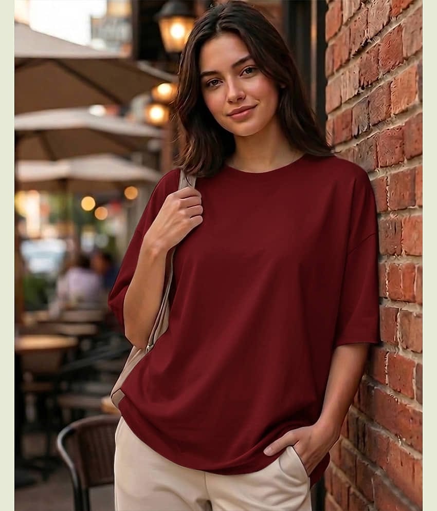 AUSK Women Cotton Blend Solid Oversized Fit Round Neck T-Shirt ( Maroon )