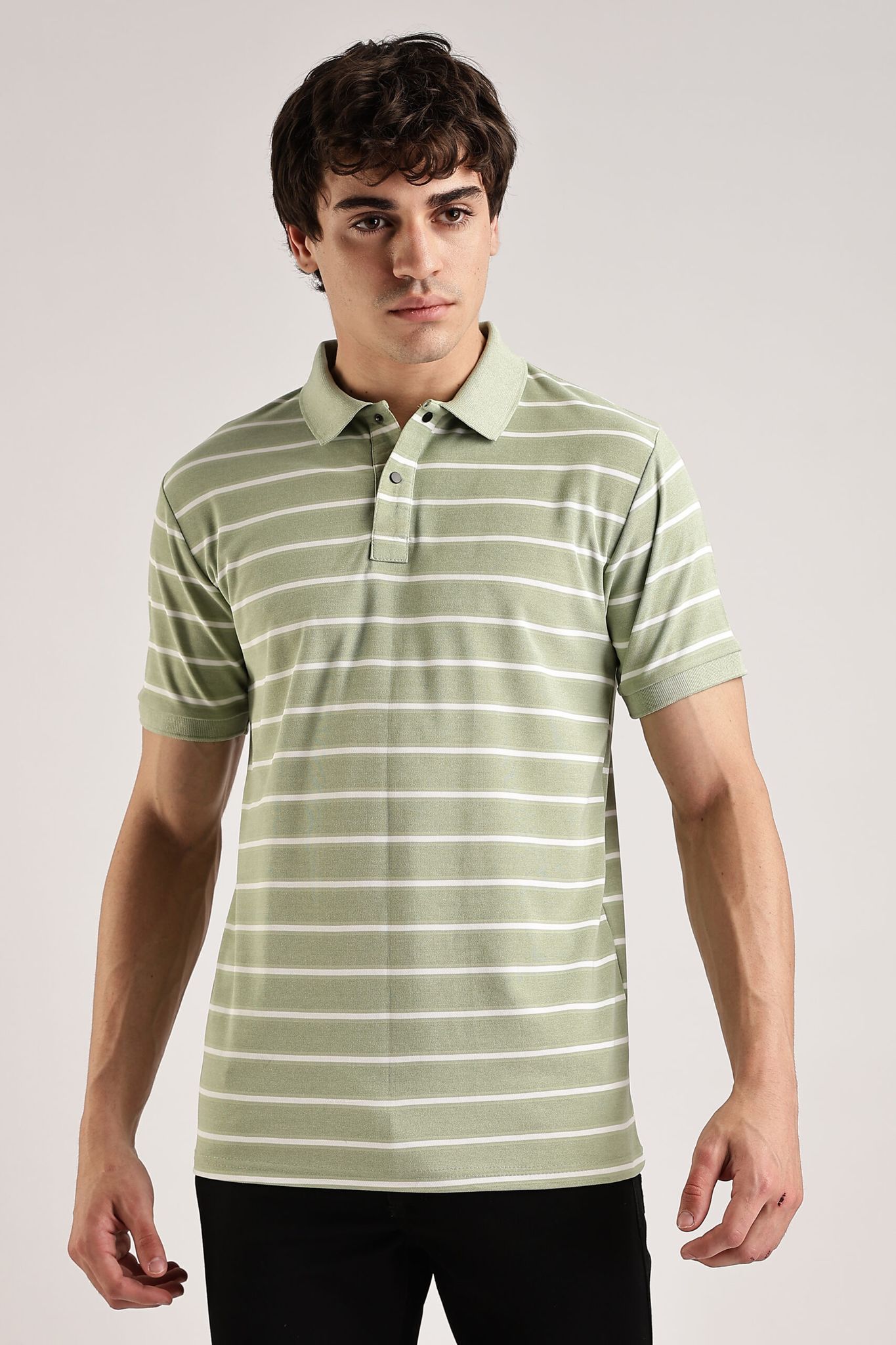 Pollycotton Light Green Striped Polo
