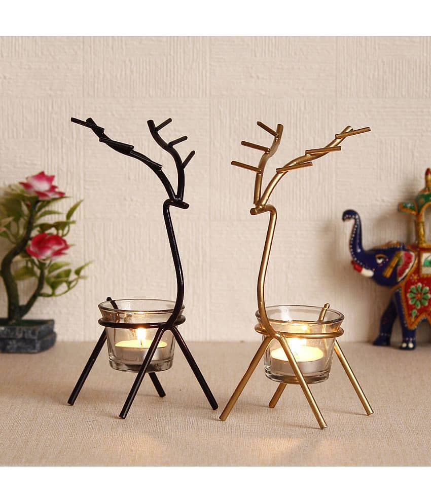 eCraftIndia Set of 2 Black & Gold-Toned Solid Deer Shape Decorative Handcrafted Metal Tea Light Holder