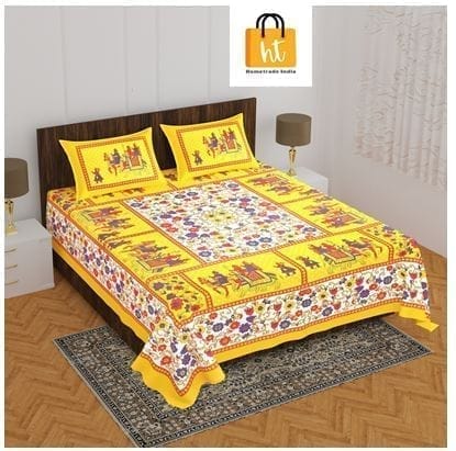 The Bedsheet Adda Standard Queen Size Pure Cotton Jaipuri Printed Economic Double Bedsheet with Two Pillow Covers- ARTICLE-1028