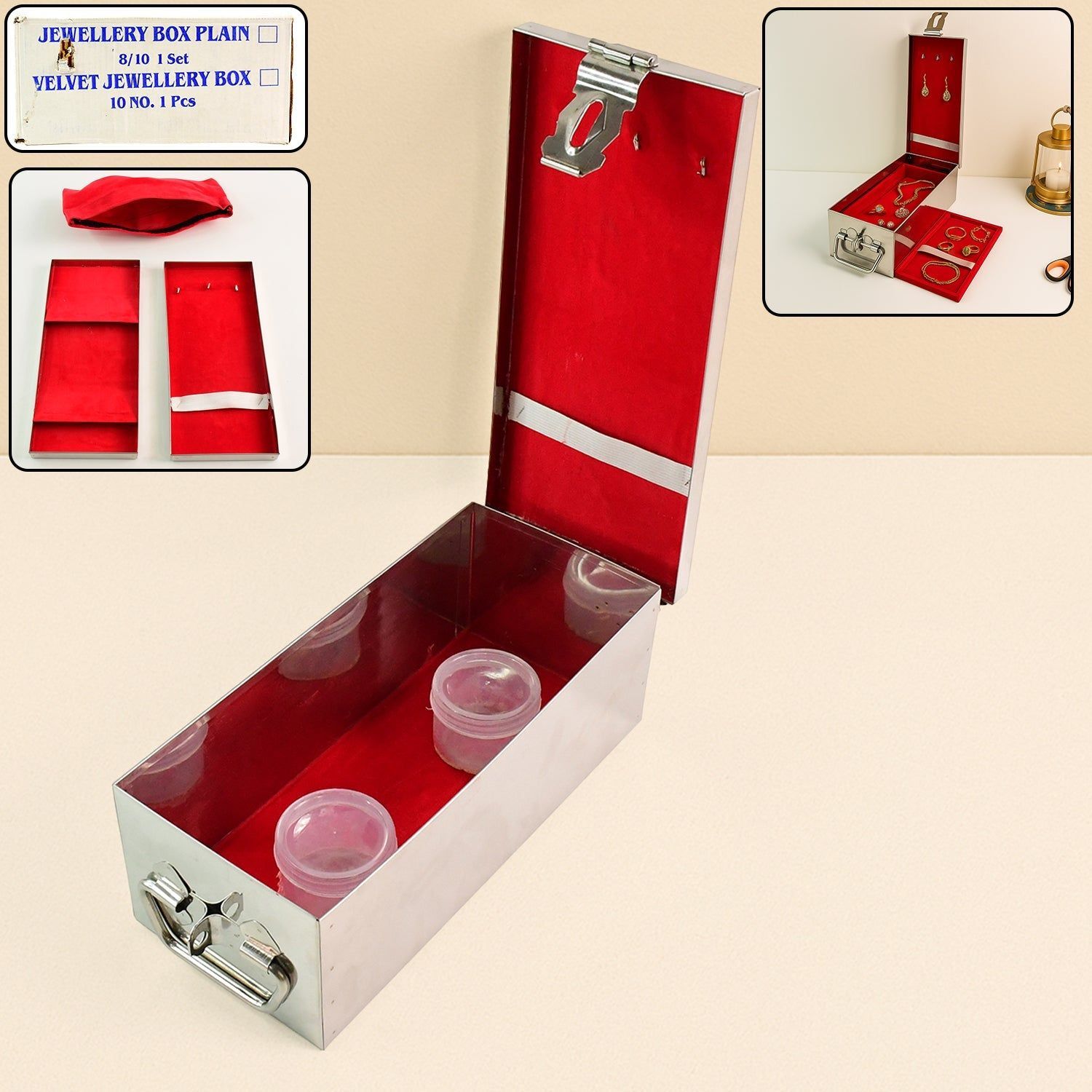 Premium Stainless Steel Velvet Lined Jewellery Storage Box with Lock and Red Interior