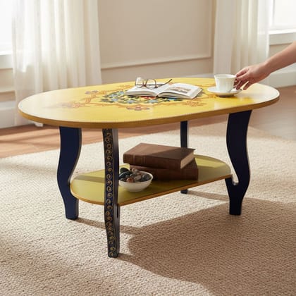 Hand-Painted Oval Two-Tier Yellow Coffee Table with Floral Design