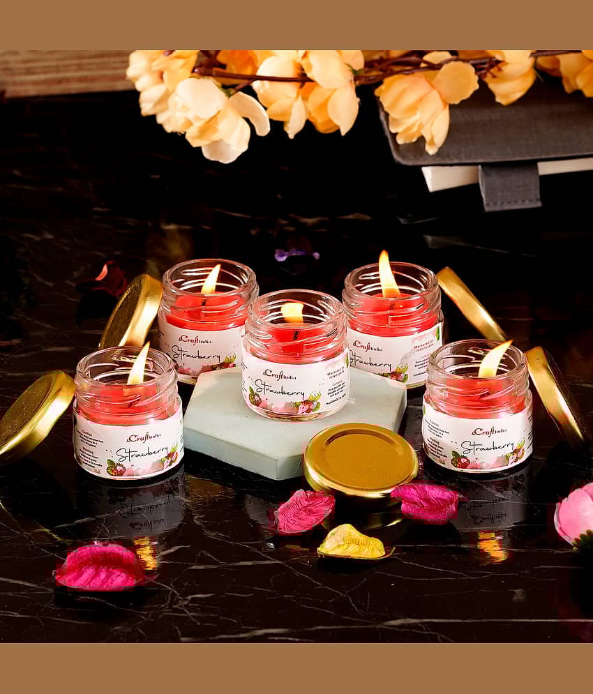 eCraftIndia Set of 5 Red Strawberry Scented Minijar Candle