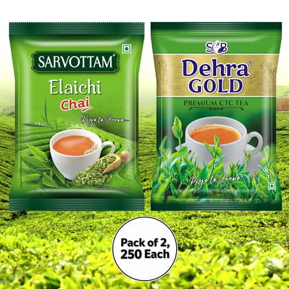 Sarvottam Dehra Gold Premium CTC & Elaichi, Premium Cardamom Flavoured Combo Tea Pack, 500g (Pack of 2, 250g each) Sarvottam Dehra Gold Premium CTC & Elaichi, Premium Cardamom Flavoured Combo Tea Pack, 500g (Pack of 2, 250g each)